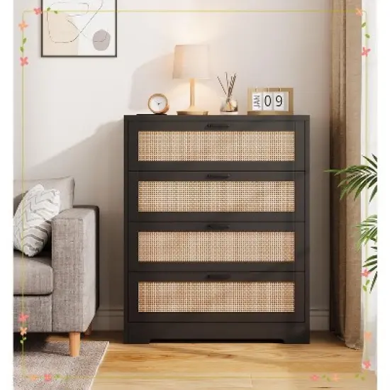 4 Drawer Dresser for Bedroom, Rattan Chest of Dressers, Modern Wood Tall Dresser with Power Outlets image {3}