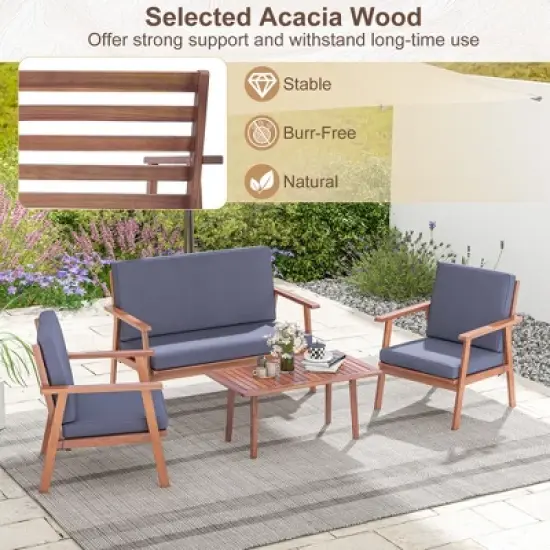 Costway 4 PCS Patio Conversation Set Acacia Wood Sofa Coffee Table with Cushioned Seat image {5}