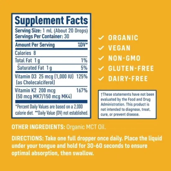 NativePath Vitamin D3+K2 - 1000IU with Organic MCT Oil, 1 Fl Oz, 30 Servings image {2}