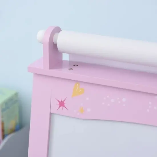Qaba 3 In 1 Kids Wooden Art Easel with Paper Roll Double-Sided Chalkboard & Whiteboard with Storage Baskets Gift for Toddler Girl Age 3 Years+ Pink image {5}