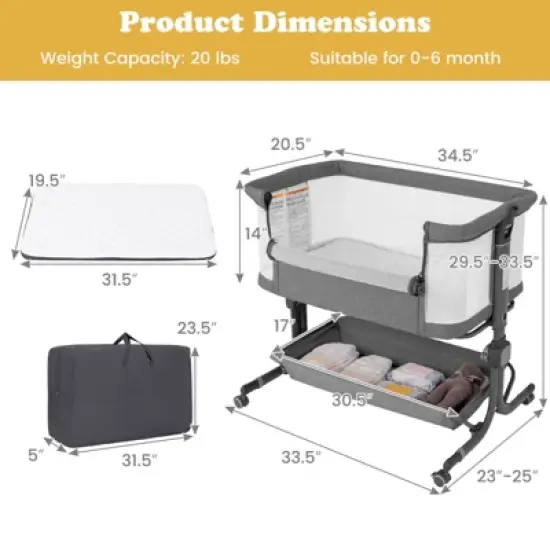 Infans Baby Bassinet Bedside Sleeper, Easy Folding Portable Crib with Wheels, 6 Adjustable Heights, Storage, Mattress & Carry Bag, Gray image {1}