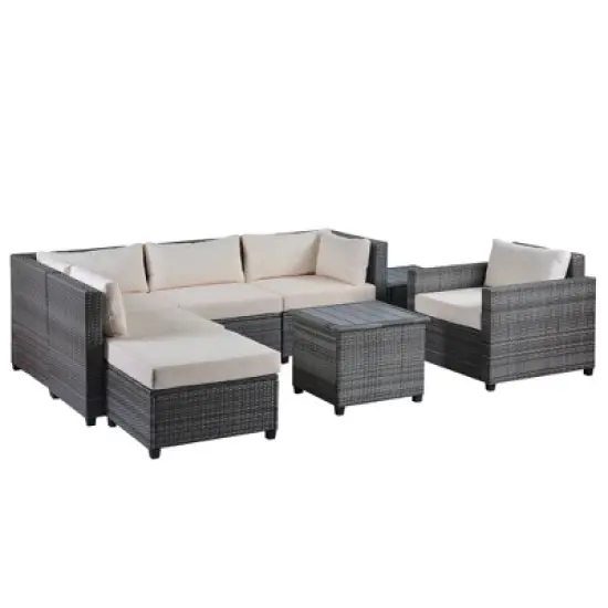 8pc Wicker Patio Conversation Set with Cushions - Beige - GODEER image {5}