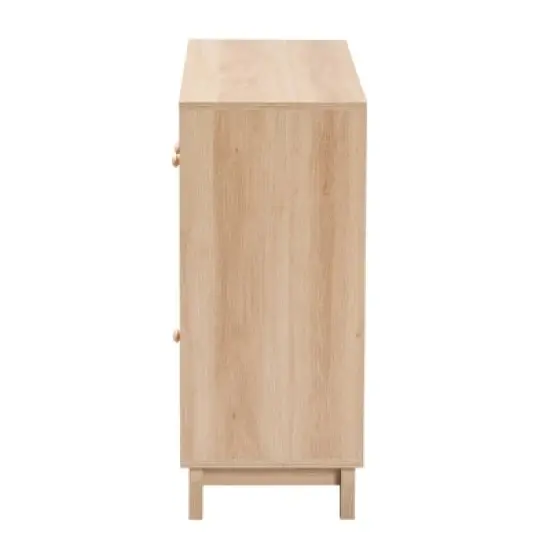 Elsbeth Wood and Natural Rattan 3 Door Sideboard Light Brown/Natural Brown - Baxton Studio image {4}