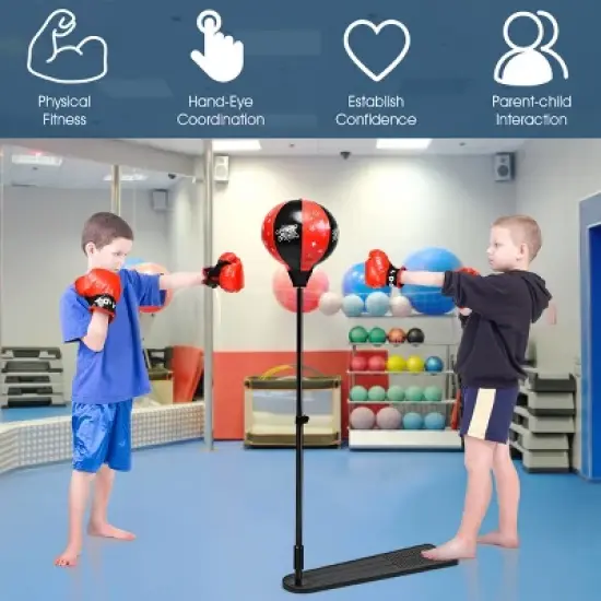 Costway Kids Punching Bag w/Adjustable Stand Boxing Gloves Boxing Set, Red image {3}