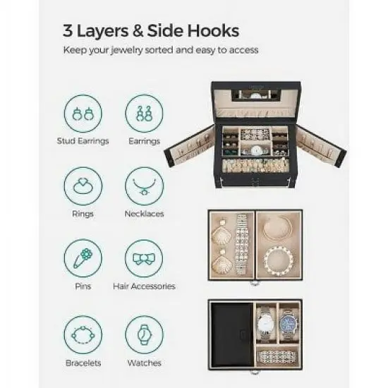 SONGMICS Jewelry Box 3 Layers, Jewelry Organizer with 2 Drawers, Jewelry Case with Portable Travel Case, Lockable, Jewelry Storage image {4}