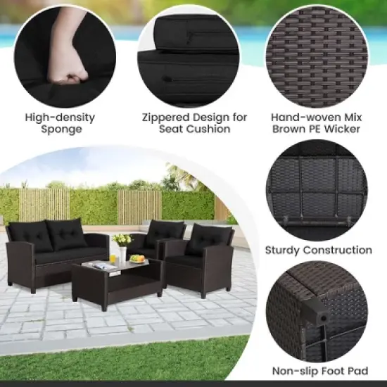 Tangkula 8PCS Outdoor Conversation Set Patio PE Rattan Set w/ Glass Table & Sofa Cushions image {6}