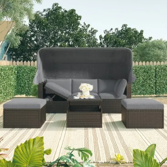 Outdoor Patio Rectangle Rattan Daybed with Retractable Canopy, Cushions and Lifting Table-ModernLuxe image {1}