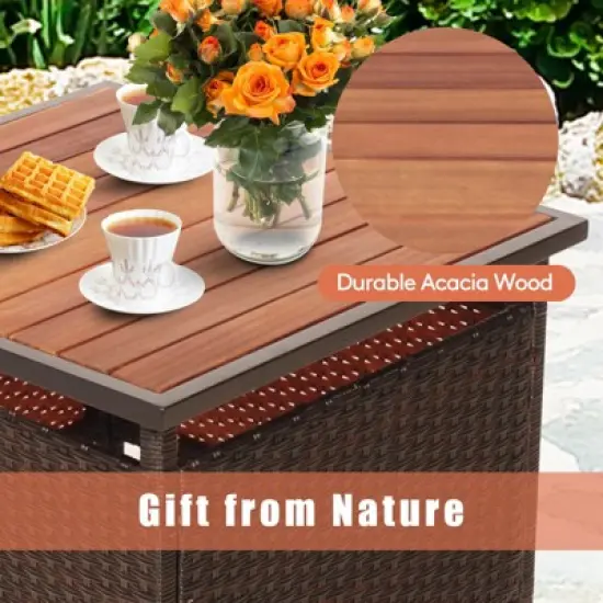 Tangkula 3 PCS Patio Furniture Set PE Wicker Bistro Set w/Acacia Wood Coffee Table & Umbrella Hole for Backyard Garden Poolside image {7}