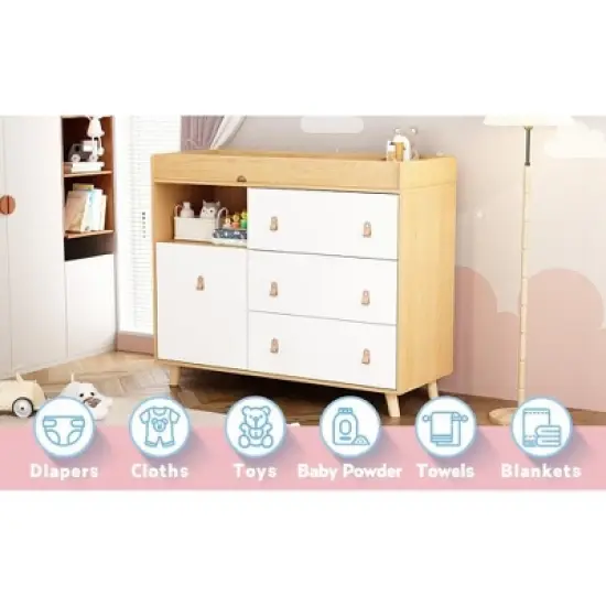 Famapy Baby Changing Table With leather Pulls Large Worktop Three Drawers Rich Storage Space Storage Cabinet image {8}