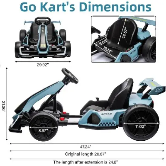 24V Electric Go Kart for Kids, with 2 * 150W Motors, Adjustable Seat, 8mph Speed, Led Lights, for Children Ages 6-15 image {4}