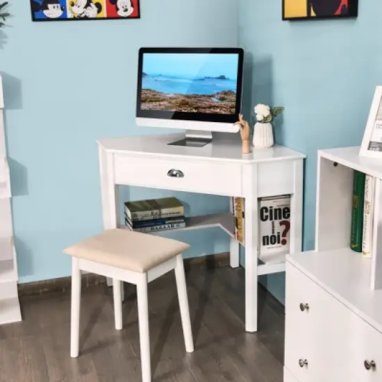 Costway Triangle Computer Desk Corner Office Desk Laptop Table w/ Drawer Shelves Rustic White image {3}