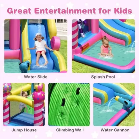 Costway Inflatable Bounce House Sweet Candy Bouncy Castle W/ Water Slide& 480W Blower image {7}