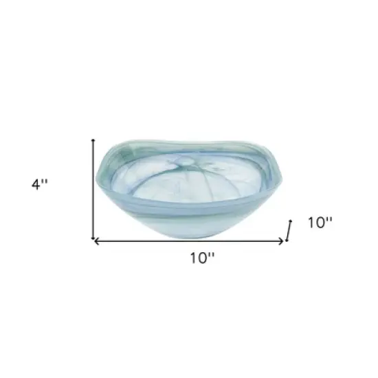 HomeRoots 10" Aqua Blue And White Alabaster Glass Square Salad Bowl image {2}