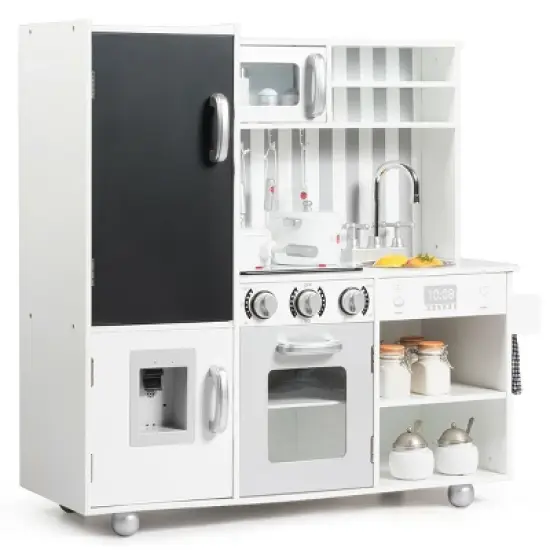 Costway Wood Kitchen Toy Kids Cooking Pretend Play Setw/ Utensils,Sounds & Wordpad White image {2}