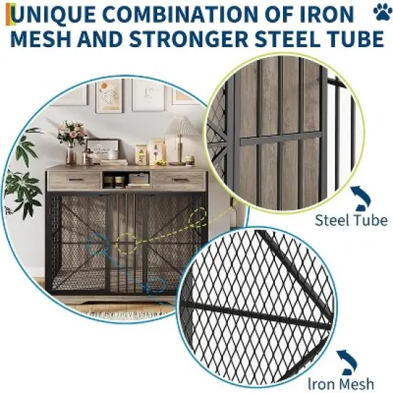 Acekool 44" Dog Crate Furniture with Drawers, Double Doors, Open Compartment, Heavy Duty Indoor Dog House End Table, Brown & Black image {3}