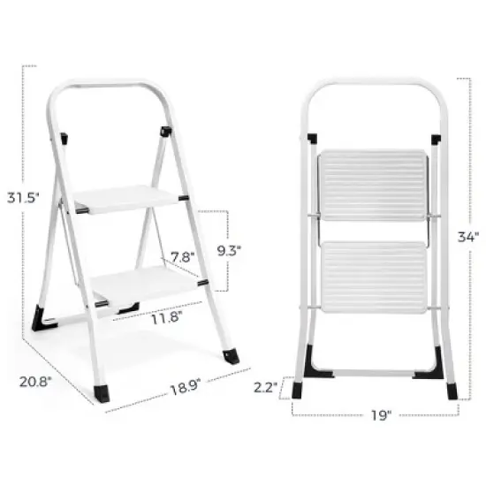 Delxo Portable Collapsible Lightweight Alloy Steel 2-Step Stool Stepladder with Wide Pedestal, Hand Grip and Locking Mechanism, White image {4}