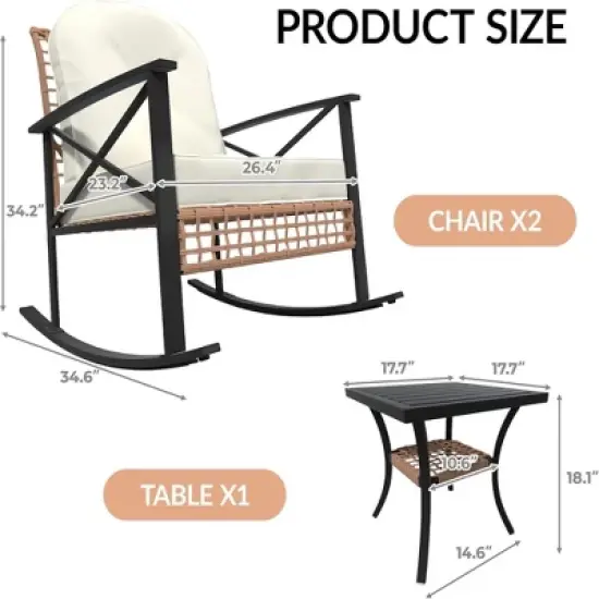 GustoWave 3-Piece Rocking Bistro Set With Thick Cushions, Rocking Chairs And 2-Tier Coffee Table, Metal Frame For Garden, Backyard, Balcony image {2}