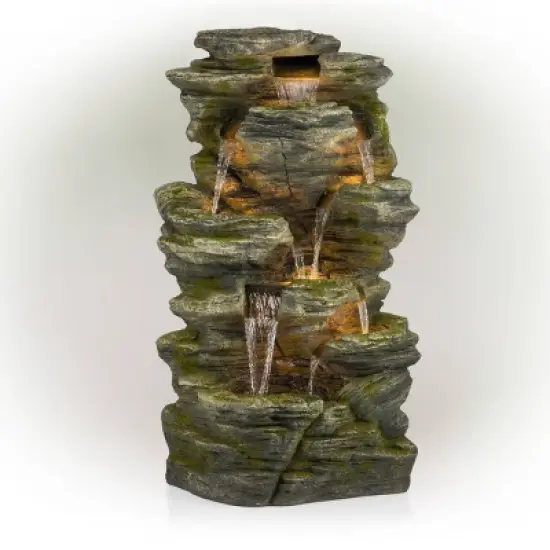 51" Resin Rock Cascading Fountain with LED Lights Gray - Alpine Corporation: Waterfall Feature, Birdbath image {6}