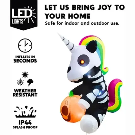 Joyfy 5 FT Halloween Inflatables Outdoor Decoration, Inflatable Sitting Skeleton Unicorn with LEDs for Halloween Party Outside Yard Garden Decorations image {1}
