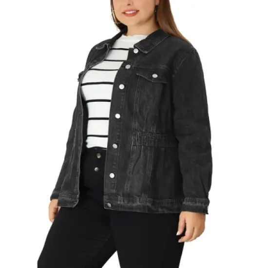 Agnes Orinda Women's Plus Size Classic Denim Washed Front Long Sleeve Jean Jackets image {8}