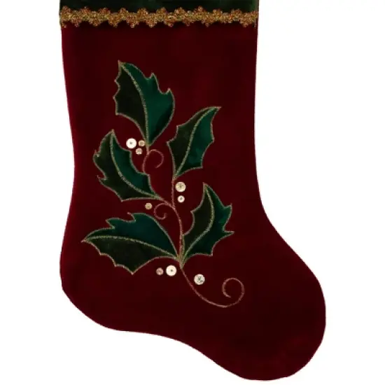 Northlight 21" Red and Green Holly Embroidered Velvet Christmas Stocking image {3}