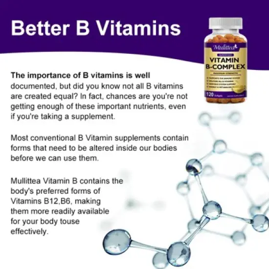 Mulittea Vitamin B Complex Capsules - B12,B2,B6,Vitamin C & Folic Acid,Reduce Stress,Immune & Energy Support,120ct image {6}