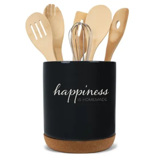 Elanze Designs Happiness is Homemade Ceramic Cork Bottom Black Large Capacity Utensil Holder Crock for Countertop Storage, Stylish & Durable for image {4}