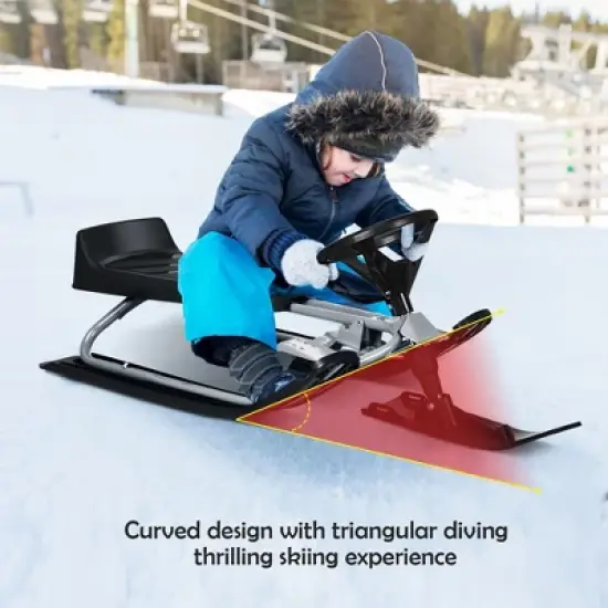 Costway Kids Snow Racer Sled w/Steering Wheel Double Brakes Pull Rope Iron Frame image {5}