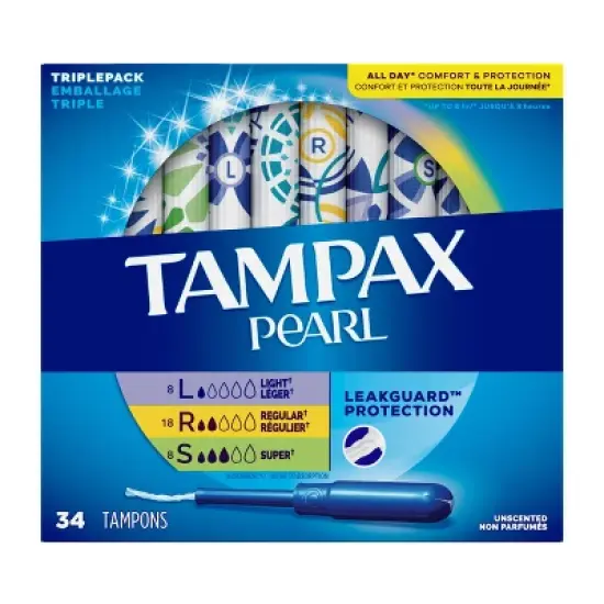 Tampax Pearl Tampons Trio Pack with Plastic Applicator and LeakGuard Braid - Light/Regular/Super Absorbency - Unscented image {9}