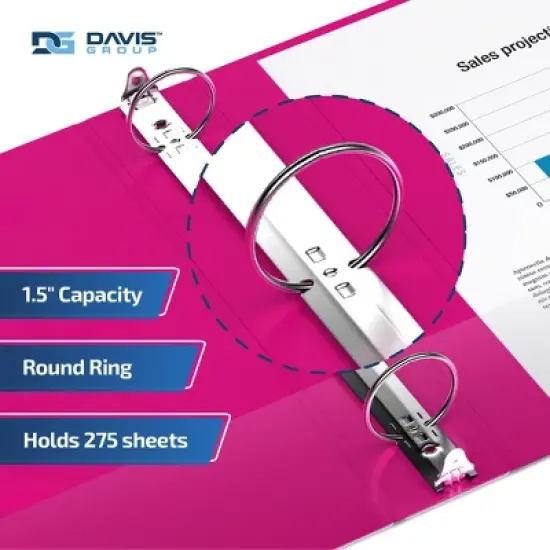 Davis Group 6pk 1.5" Premium Economy Round Ring Binders Pink: Hard Cover, 275 Sheet Capacity, 2 Pockets, Polypropylene image {2}