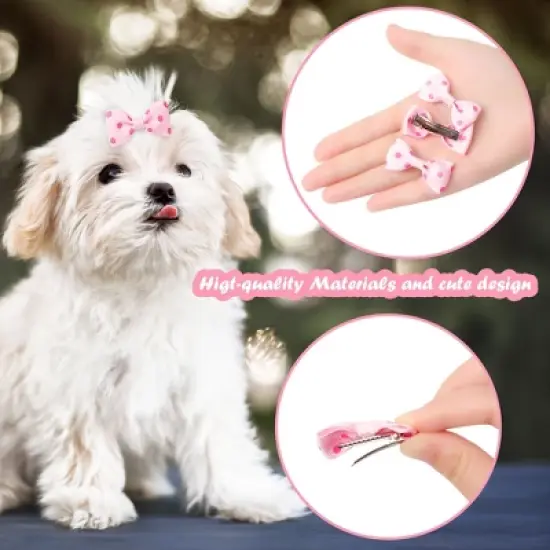 Unique Bargains Cute Dogs Cats Puppies Bows Pink Dog Hair Bows with Dots Pattern Grooming Barrette Clip Accessories 5 Pcs image {1}