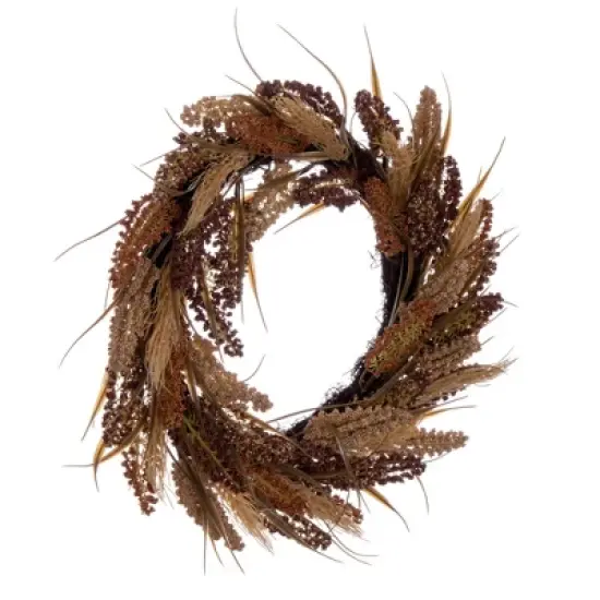 Vickerman Artificial 20" Brown Ivory Corn Wreath. Features brown grass and a circular grapevine base. image {5}