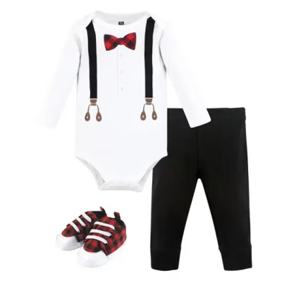 Hudson Baby Infant Boy Cotton Bodysuit, Pant and Shoe Set, Buffalo Plaid Bow Tie image {5}