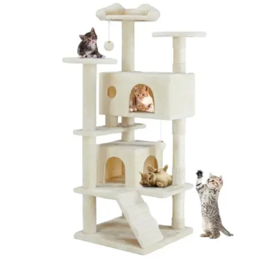 Aukfa 54-Inch Cat Tree Tower with Scratching Posts, Double Condos & Dangling Toys - Beige Pet Playhouse for Kittens and Cats, Multicolor image {8}