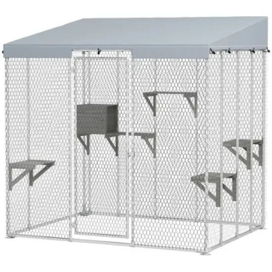 PawHut Large Catio Outdoor Cat Enclosure, Galvanized Steel Outdoor Cat House with 420D Waterproof Canopy for 1-3 Large Cat, Walk-in Cat Cage, Silver image {6}