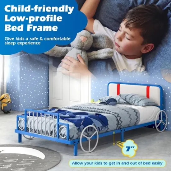Tangkula Twin Size Kids Bed Frame Car Shaped Metal Platform Bed w/ Upholstered Headboard image {4}