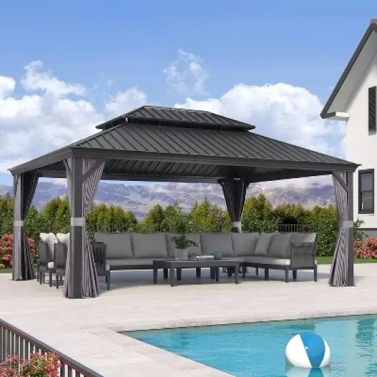 PURPLE LEAF Outdoor Gazebo Aluminum Frame Galvanized Steel Double Roof Patio Hardtop Gazebo with Curtains and Netting for Patio Lawn and Garden image {26}