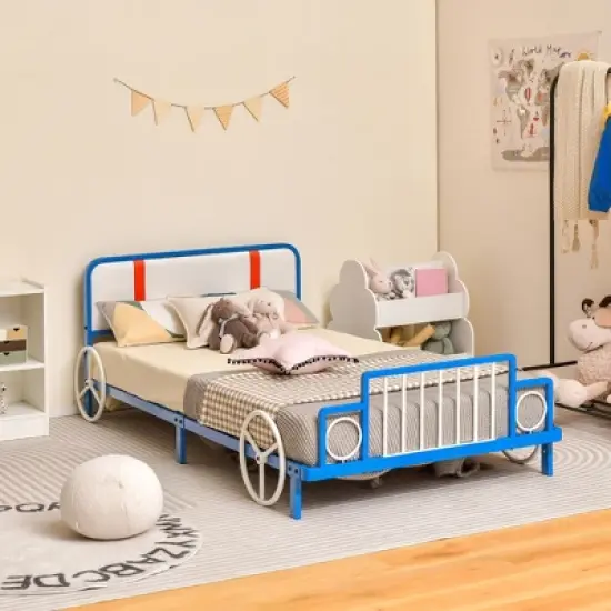 Tangkula Twin Size Kids Bed Frame Car Shaped Metal Platform Bed w/ Upholstered Headboard image {7}