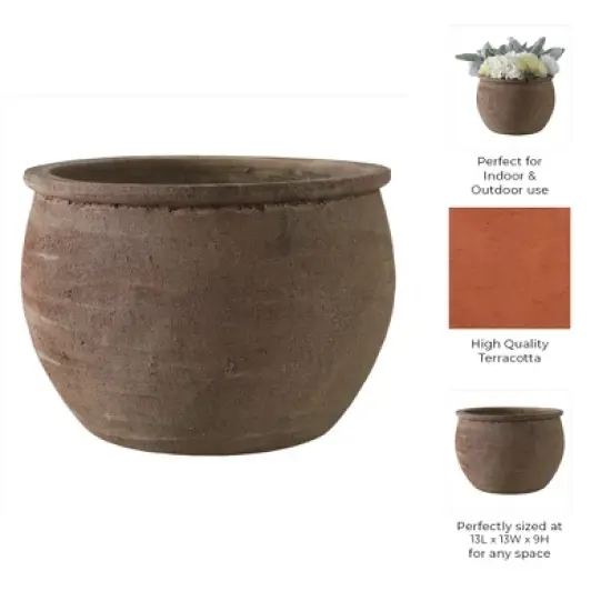 Rustic Wide Round Plant Pot for Indoor Plants or Outdoor - Traditional Clay Design That Adds Timeless Charm to Porch, Patio, or Entryway - 9" Brown image {9}