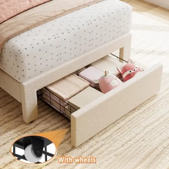 Twin Bed Frame with Under-Bed Drawer Storage &ndash; Velvet/Boucle Upholstered Wave Headboard for Girls, Wood Slat Support (No Box Spring), White/Pink image {3}