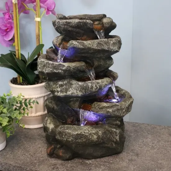 Sunnydaze Indoor Home Office Relaxing 6-Tiered Stone Falls Tabletop Water Fountain with LED Lights - 15" image {1}