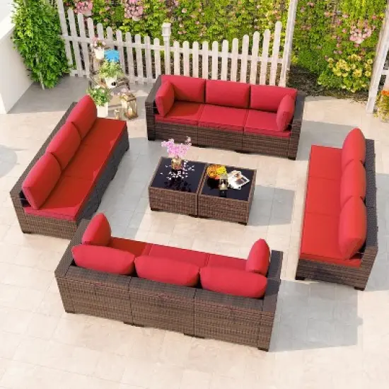 ALAULM 14 Pieces Outdoor Patio Furniture Set Outdoor Sectional Rattan Sofa Set Brown Manual Wicker Patio Conversation Set image {10}