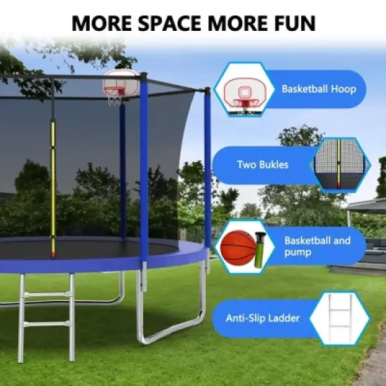 Okak 8/12/14/15/16FT Outdoor Trampolines with Enclosure Net, Toddler Trampoline with Balance Bar, Basketball Hoop and Ball, Rebounder for Garden image {1}