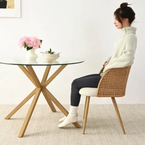 Modern Rattan Dining Chairs, Armchairs with Double-Woven Rattan Back and Beige Upholstered Seat, Natural Style Kitchen Chairs-Maison Boucle image {1}