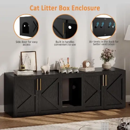 Cat Litter Box Enclosure for 2 Cats,  Wooden Litter Box Cabinet, Large Enclosed Cat Box Furniture with Storage Shelf, Soft Cushion image {3}