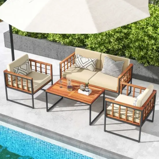 Costway 4 PCS Acacia Wood Outdoor Sofa Set with Heavy Duty Metal Frame Soft Seat image {4}