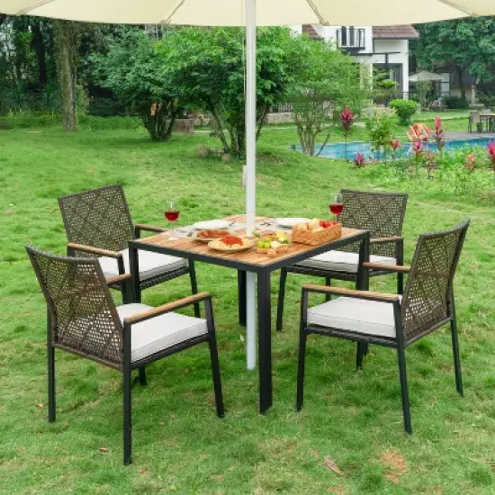 FIONECA All-Weather 5-Piece Patio Dining Set with Acacia Wood Table Top & Umbrella Hole, Coffee Brown Rattan Outdoor Conversation Set image {2}