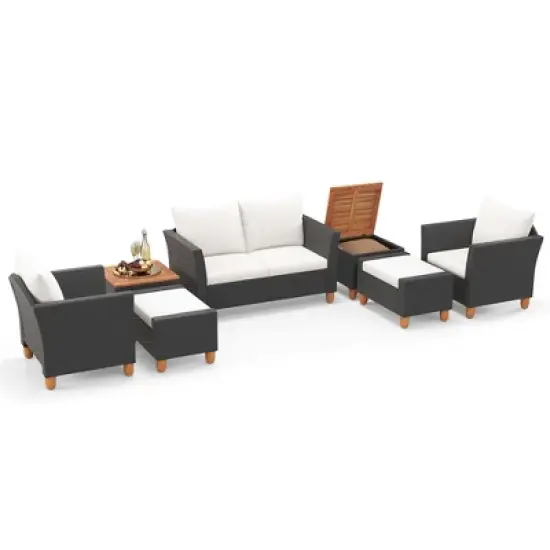 Costway 7 PCS Patio Furniture Set with Loveseat Armchairs Ottomans & Storage Table image {8}