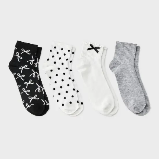 Women's Lettuce Edge Applique Bow & Polka Dots 4pk Ribbed Ankle Socks - Ivory/Heather Gray/Black 4-10 image {3}