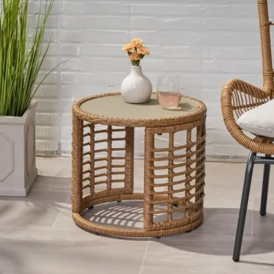 Boho Rattan Side Table with Tempered Glass Top,Round Accent Table for Living Room,Entryway or Sofa-Maison Boucle image {7}